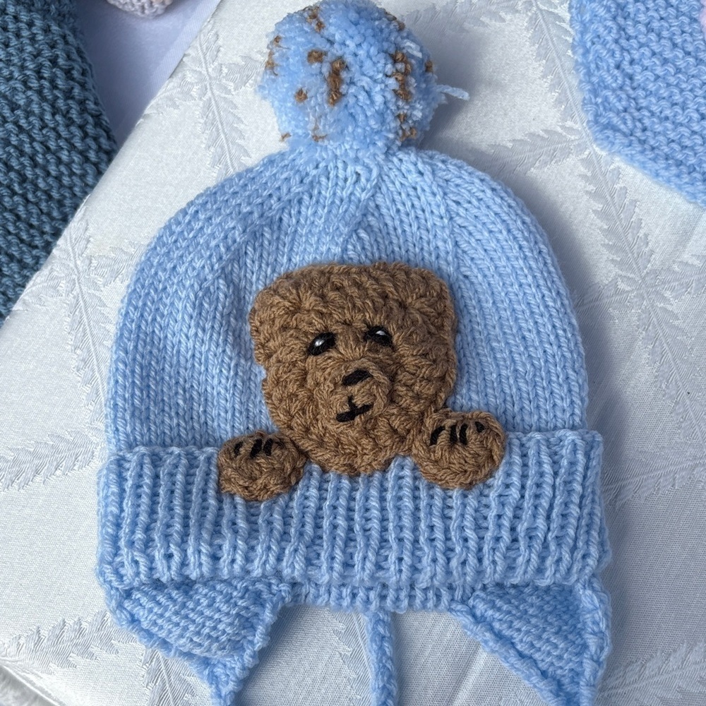 Bear Knit Hat Blue Kids 12-18 Months